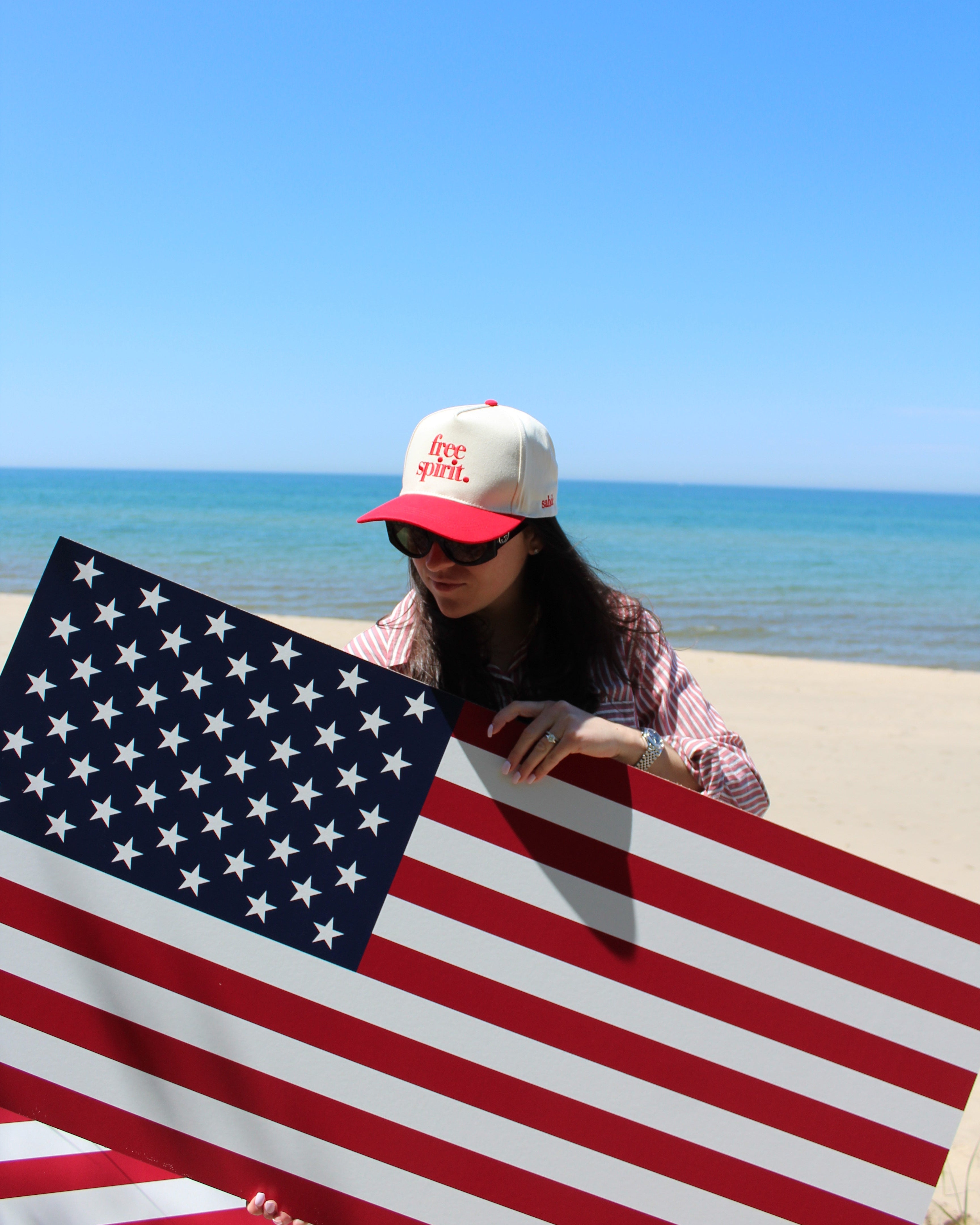 Person holding an American flag against a blue sky